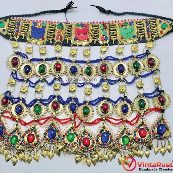 Multicolor Big Unique Choker Necklace, Old Kuchi Afghan Choker Necklace - Picture 7 of 12